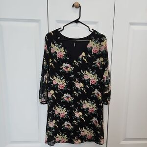 Lulu's Black Floral V-Neck Mini Dress with Pink Roses
